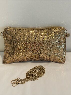 Gold Sequin Chain-Handle Clutch Bag purse zipper closure interior zip pocket